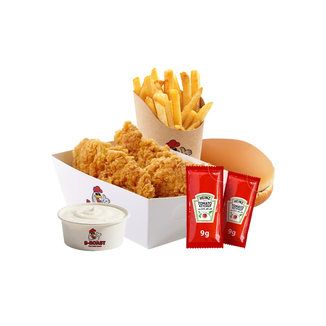 2 قطعه استربس+بطاطس+ثوميه+ 2 كاتشب+ 1 خبر