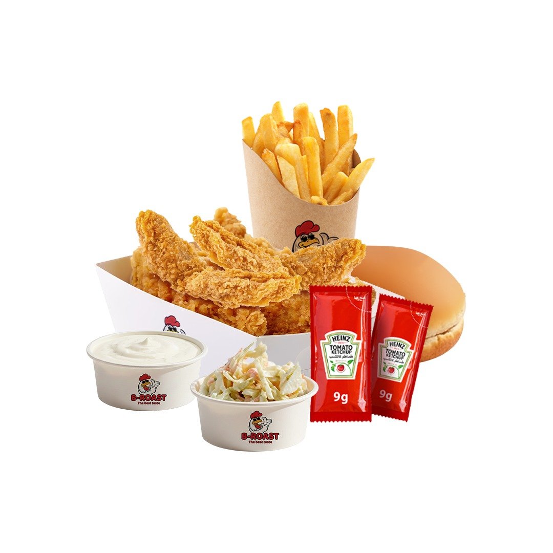 4 قطع استربس+ بطاطس+ثوميه+ 1 كلوسلو+ 2 كاتشب+ 2 خبر