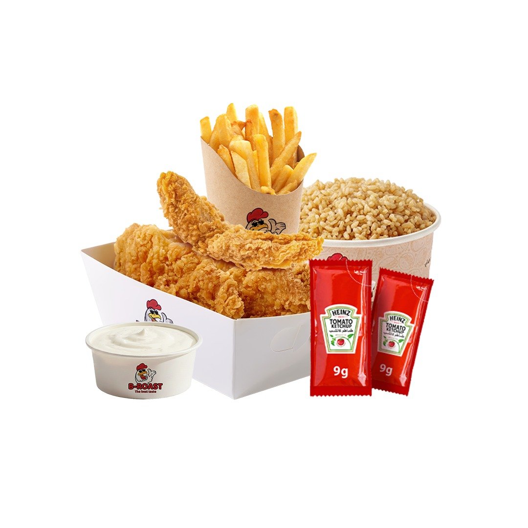 3 قطع استربس+ بطاطس+ ثوميه+ 2 كاتشب+ 1 ارز